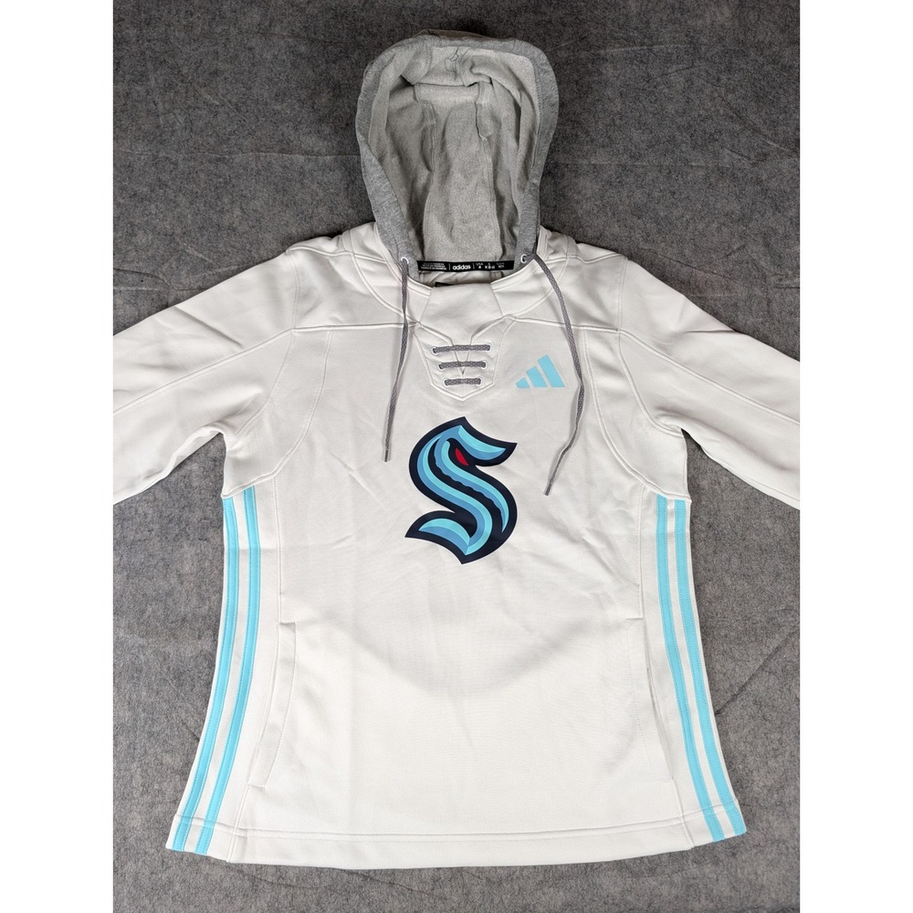 Adidas NHL Seattle Kraken Women White Lace Up Aeroready Hoodie Pullover Jacket - Picture 4 of 11